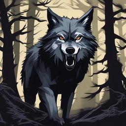 A menacing wolf is depicted in a dark forest, baring its sharp teeth and growling fiercely