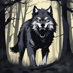 A menacing wolf is depicted in a dark forest, baring its sharp teeth and growling fiercely