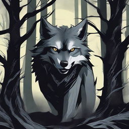 A menacing wolf is depicted in a dark forest, baring its sharp teeth and growling fiercely