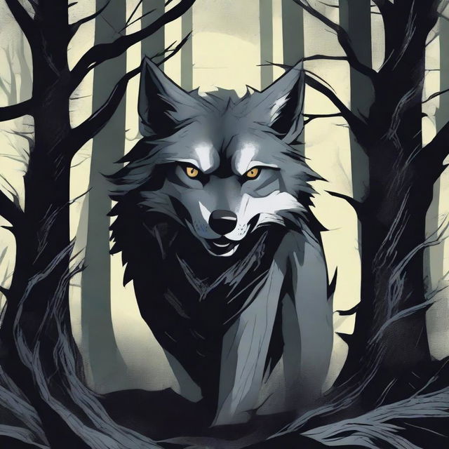 A menacing wolf is depicted in a dark forest, baring its sharp teeth and growling fiercely