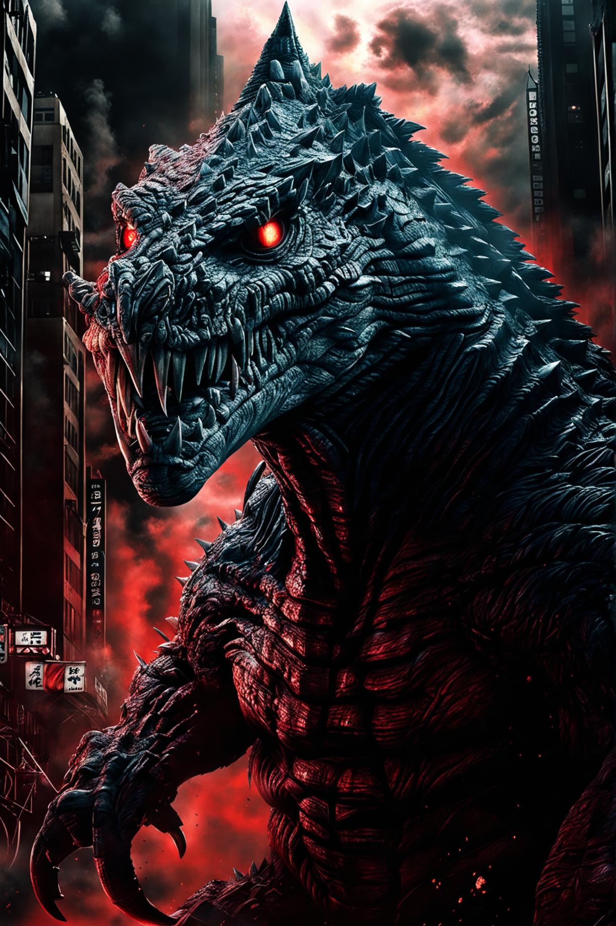 Create a hyper-realistic HD artwork of Shin Godzilla in a devastated cityscape, emphasizing its monstrous size, detailed skin texture, and menacing red eyes in an intense and ominous atmosphere