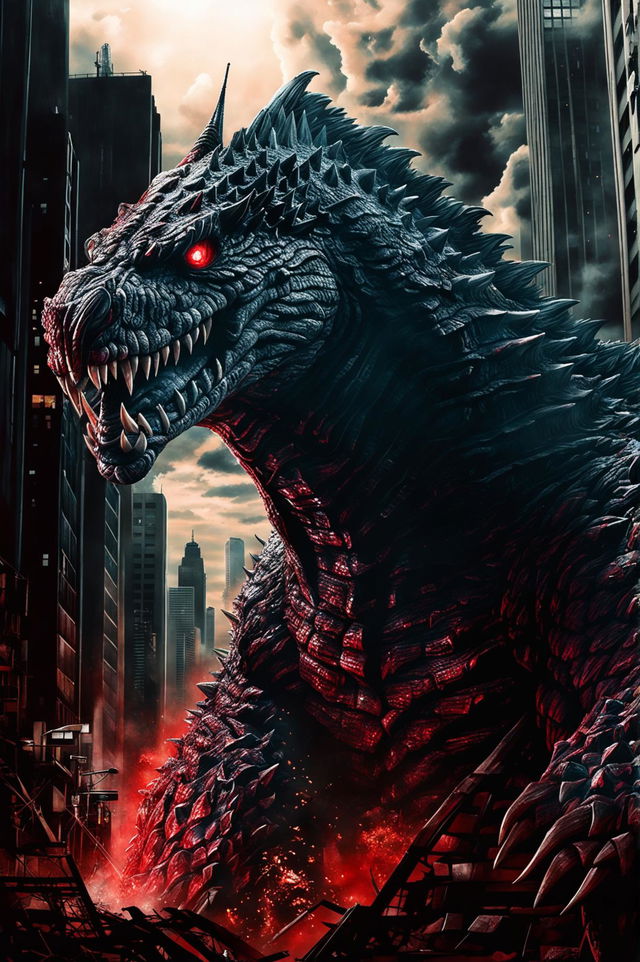 Create a hyper-realistic HD artwork of Shin Godzilla with intense lighting and a zoomed-out perspective, emphasizing its monstrous size, detailed skin texture, and menacing red eyes in a devastated cityscape