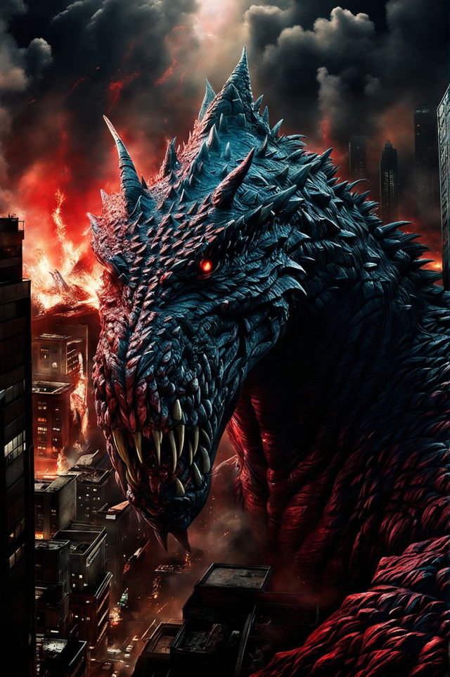 Create a hyper-realistic HD concept artwork of Shin Godzilla destroying a city with intense lighting and an ultra zoomed-out perspective, emphasizing its monstrous size, detailed skin texture, and menacing red eyes amidst widespread devastation