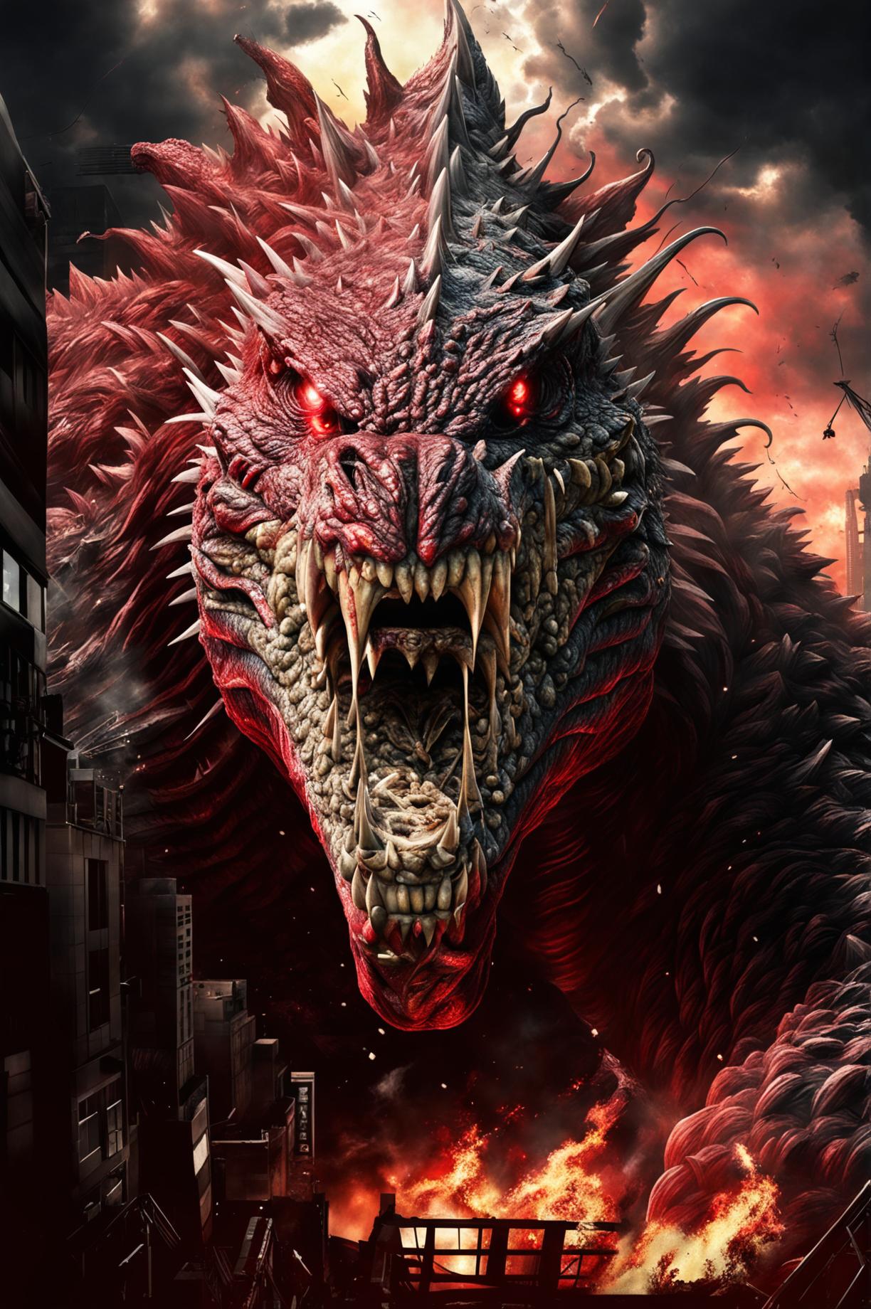 Create a hyper-realistic HD concept artwork of Shin Godzilla roaring with intense lighting and an ultra zoomed-out perspective, emphasizing its monstrous size, detailed skin texture, and menacing red eyes amidst a devastated cityscape