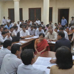 A bustling community legal literacy workshop set in India, with Indian judges and lawyers providing legal education to the public, illustrating the judiciary's efforts to enhance understanding and access to justice in a culturally rich setting.