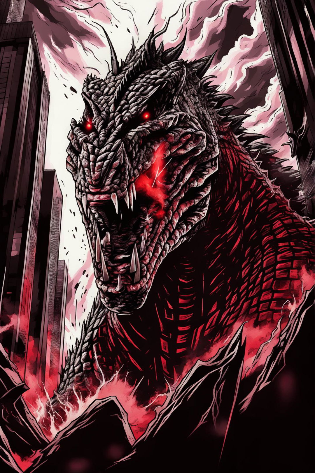 Create a sketch-style HD concept artwork of Shin Godzilla roaring with intense lighting and an ultra zoomed-out perspective, emphasizing its monstrous size, detailed skin texture, and menacing red eyes amidst widespread devastation