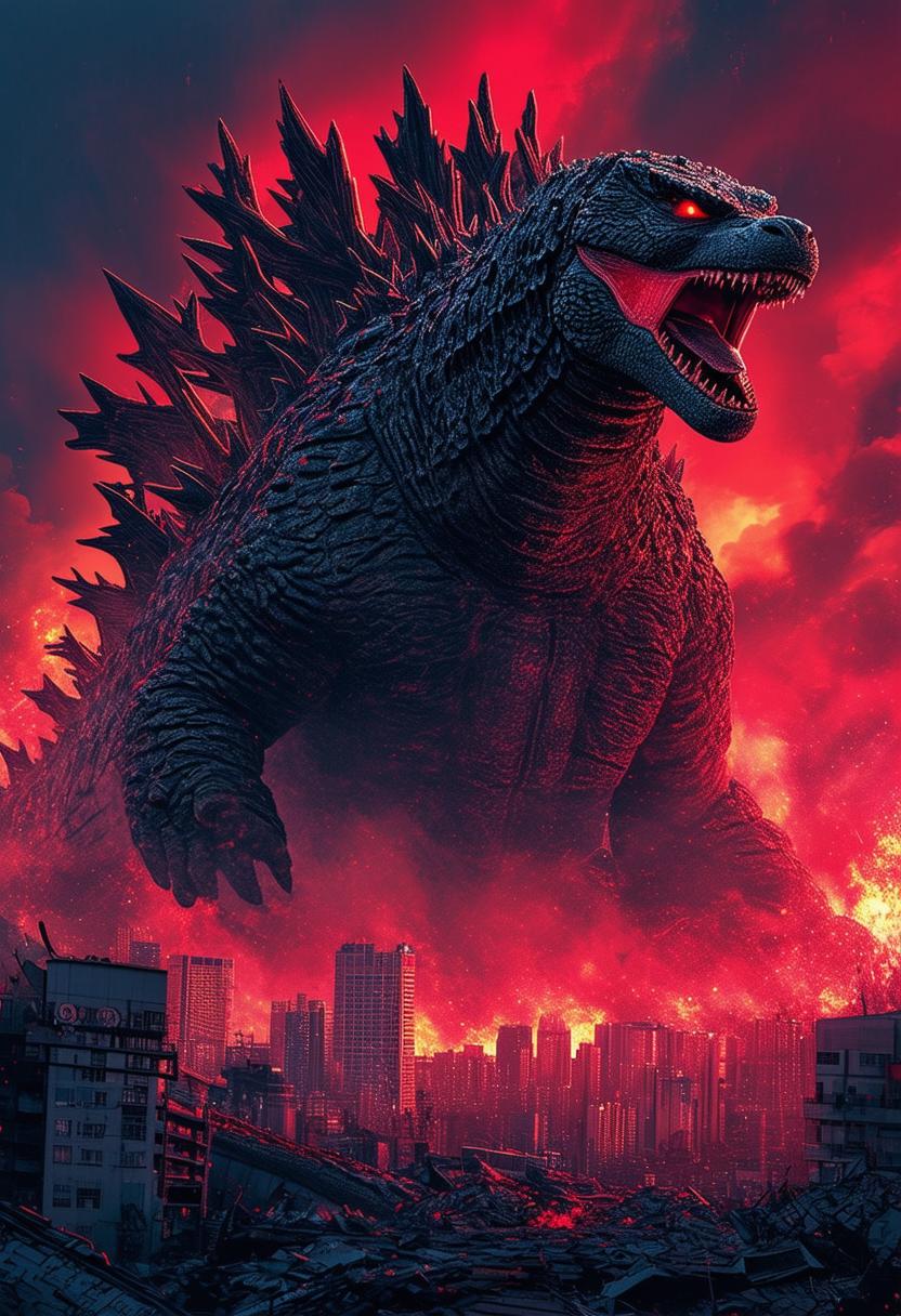 Create a comic book-style HD concept artwork of Shin Godzilla roaring with intense lighting and an ultra zoomed-out perspective, emphasizing its monstrous size, detailed skin texture, and menacing red eyes amidst a devastated cityscape