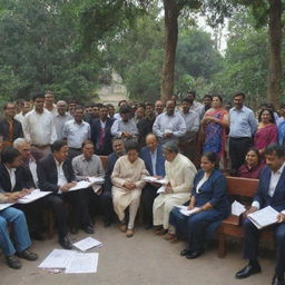 A bustling community legal literacy workshop set in India, with Indian judges and lawyers providing legal education to the public, illustrating the judiciary's efforts to enhance understanding and access to justice in a culturally rich setting.