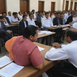 A bustling community legal literacy workshop set in India, with Indian judges and lawyers providing legal education to the public, illustrating the judiciary's efforts to enhance understanding and access to justice in a culturally rich setting.