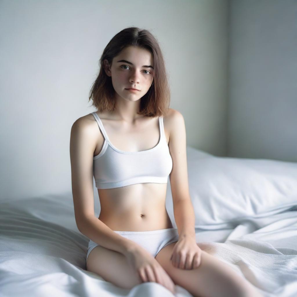 A realistic image of an 18-year-old woman, depicted in almost the real world