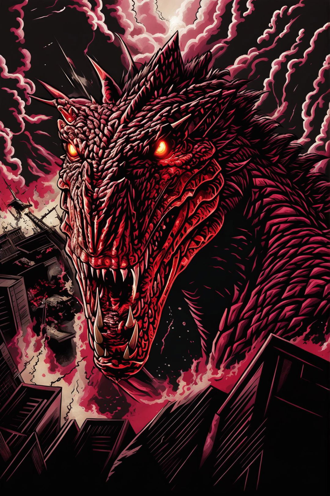 Create a comic book-style HD concept artwork of Shin Godzilla roaring with intense lighting and an ultra zoomed-out perspective, emphasizing its monstrous size, detailed skin texture, and menacing red eyes amidst a devastated cityscape