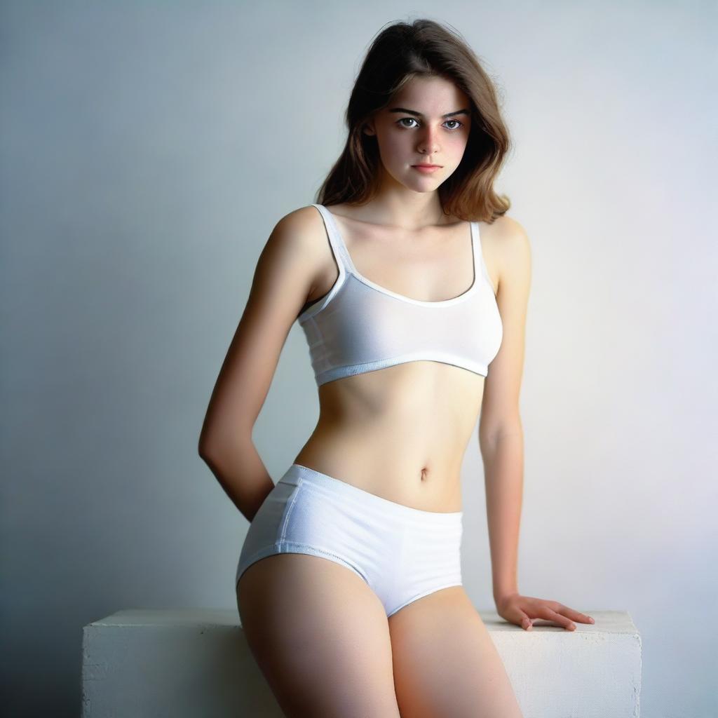 A realistic image of an 18-year-old woman, depicted in almost the real world