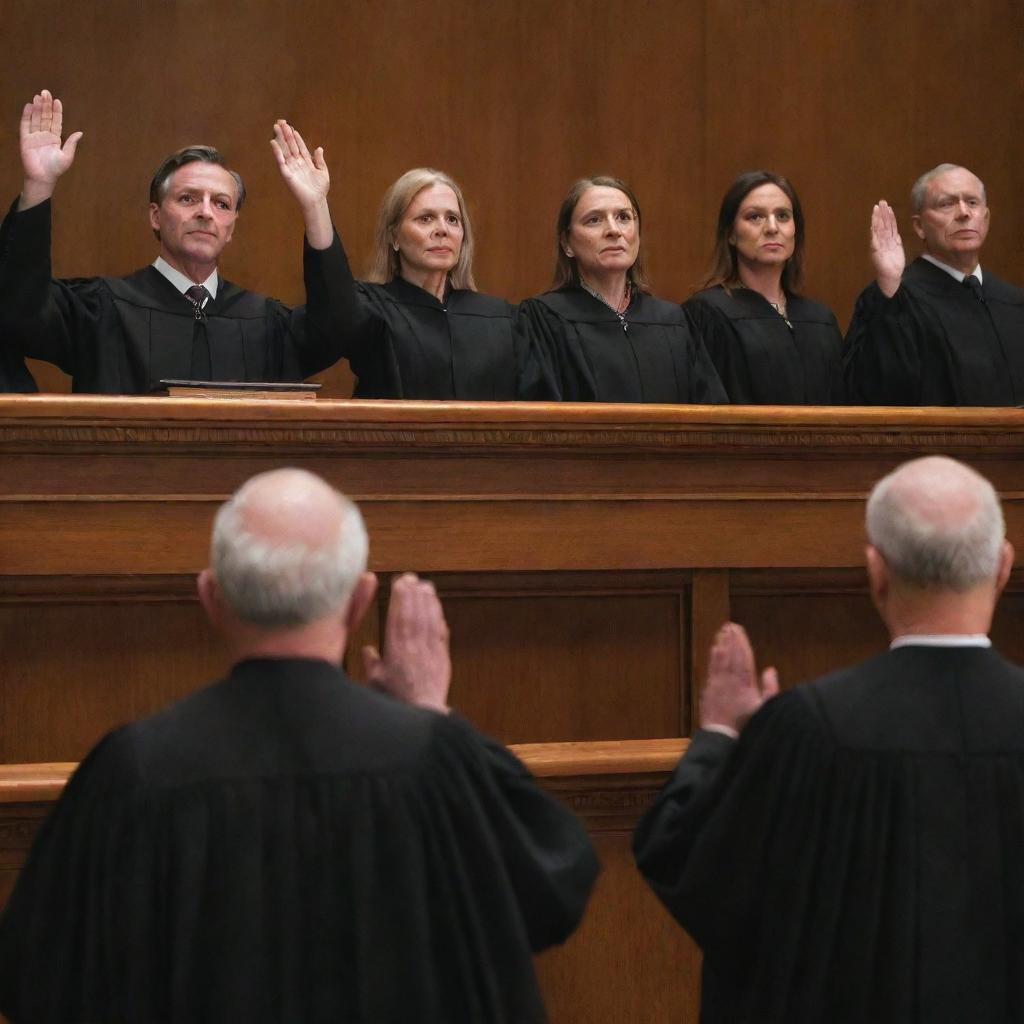 A solemn and dignified scene of judges taking an oath, their hands raised, faces focused, portraying a deep commitment to upholding their ethical code of conduct and the rule of law.