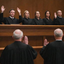 A solemn and dignified scene of judges taking an oath, their hands raised, faces focused, portraying a deep commitment to upholding their ethical code of conduct and the rule of law.