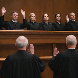 A solemn and dignified scene of judges taking an oath, their hands raised, faces focused, portraying a deep commitment to upholding their ethical code of conduct and the rule of law.