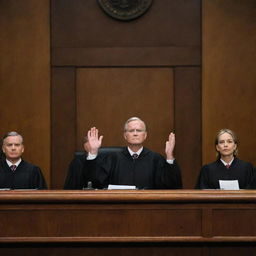 A solemn and dignified scene of judges taking an oath, their hands raised, faces focused, portraying a deep commitment to upholding their ethical code of conduct and the rule of law.