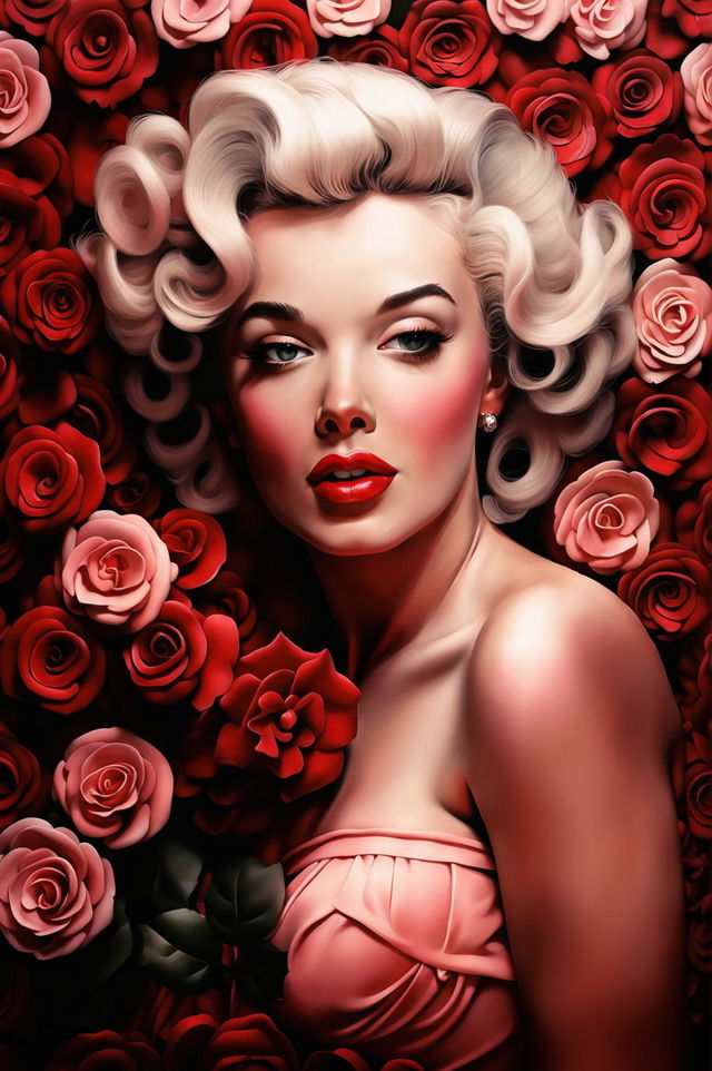 A beautiful portrait of Marilyn Monroe with her iconic look, featuring a background of red and pink roses to create a romantic and elegant atmosphere