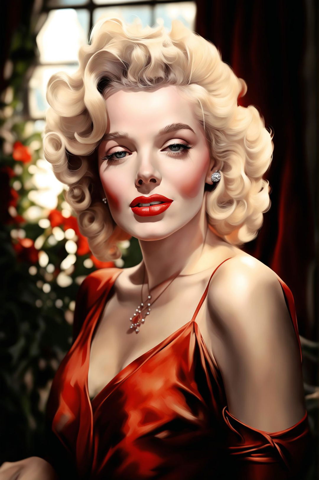 A beautiful portrait of Marilyn Monroe with her iconic look, featuring a detailed and elegant background to create a romantic and sophisticated atmosphere