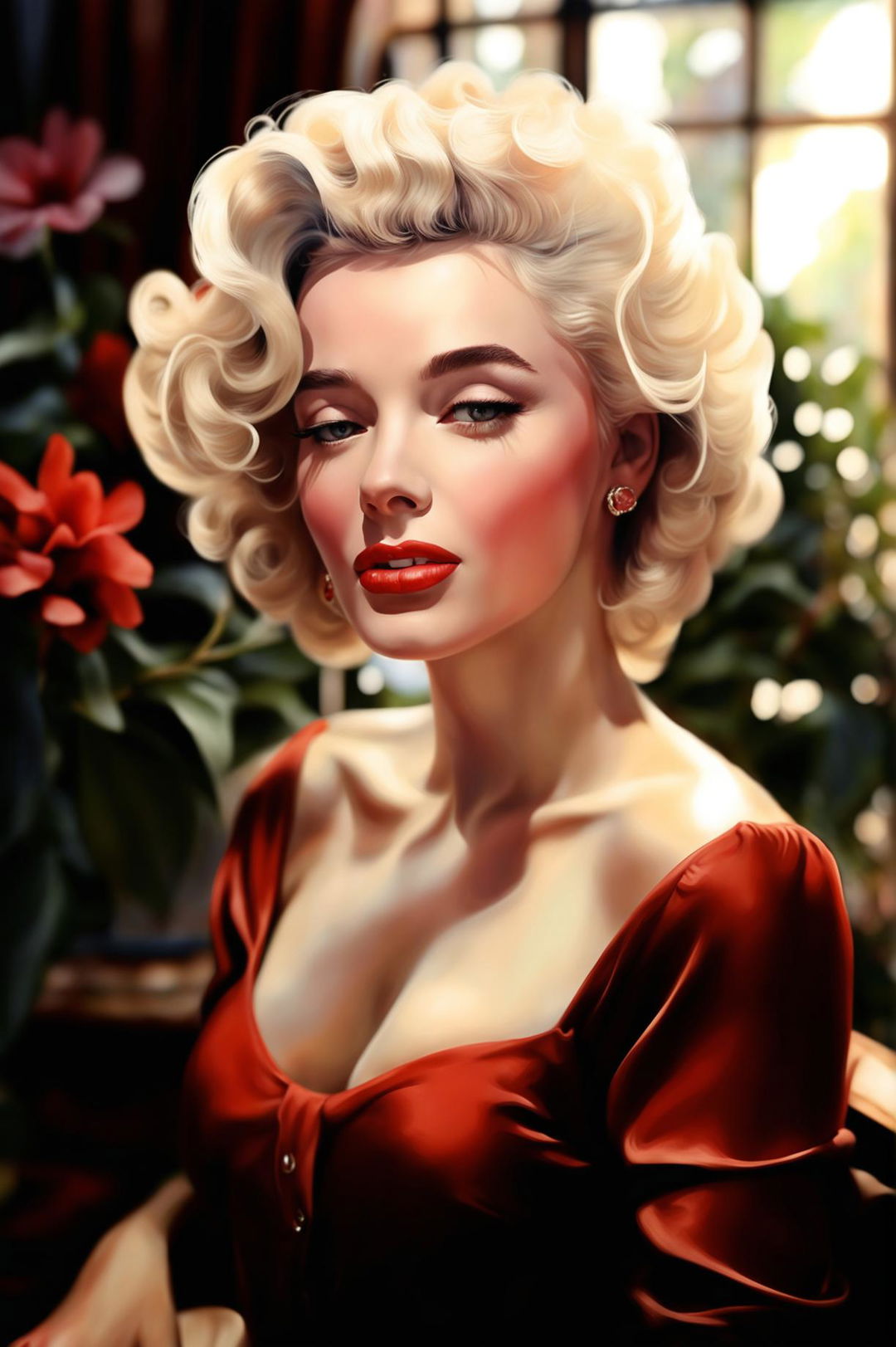 A beautiful portrait of Marilyn Monroe with her iconic look, featuring a detailed and elegant background to create a romantic and sophisticated atmosphere