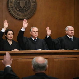 A solemn and dignified scene of judges taking an oath, their hands raised, faces focused, portraying a deep commitment to upholding their ethical code of conduct and the rule of law.