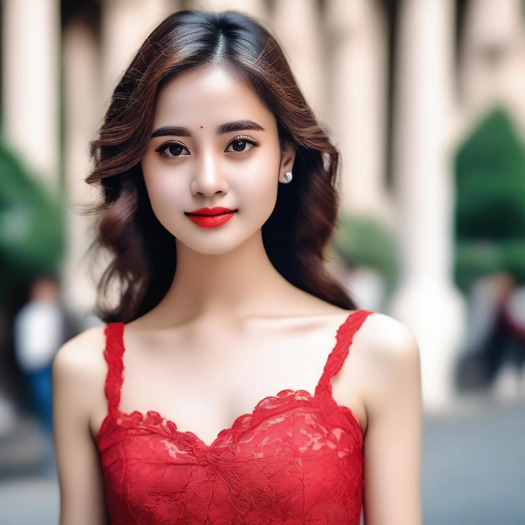 A beautiful girl in a red dress looking towards the camera