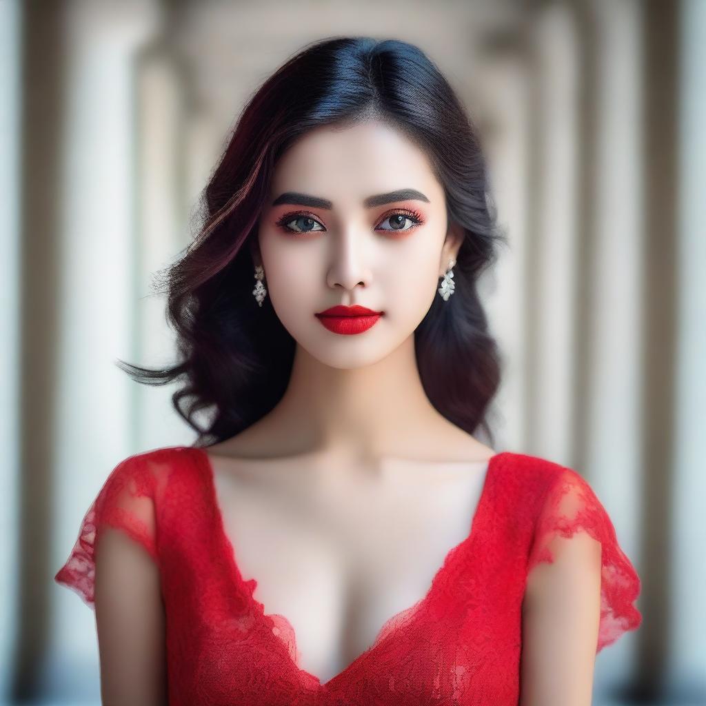 A beautiful girl in a red dress looking towards the camera