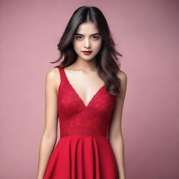 A beautiful girl in a red dress looking towards the camera