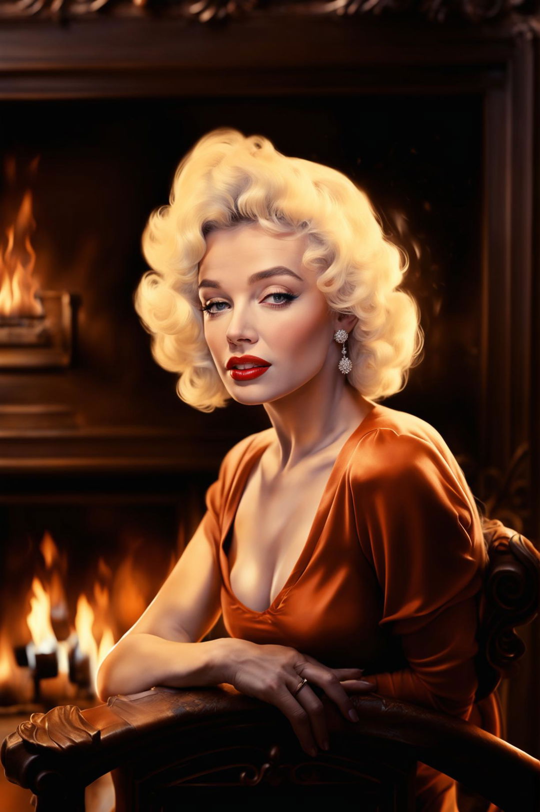 A beautiful portrait of Marilyn Monroe with her iconic look, featuring an elegant fireplace background to create a warm and sophisticated atmosphere