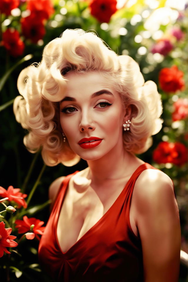 A beautiful portrait of Marilyn Monroe with her iconic look, featuring a lush garden background to create a natural and serene atmosphere