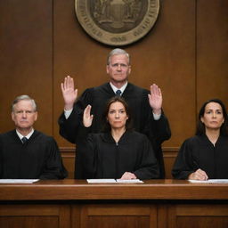 A solemn and dignified scene of judges taking an oath, their hands raised, faces focused, portraying a deep commitment to upholding their ethical code of conduct and the rule of law.