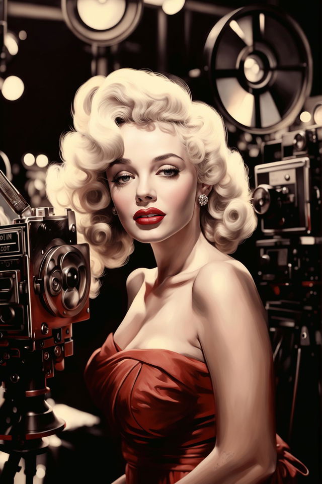 A beautiful portrait of Marilyn Monroe with her iconic look, featuring a film set background to evoke the golden age of Hollywood