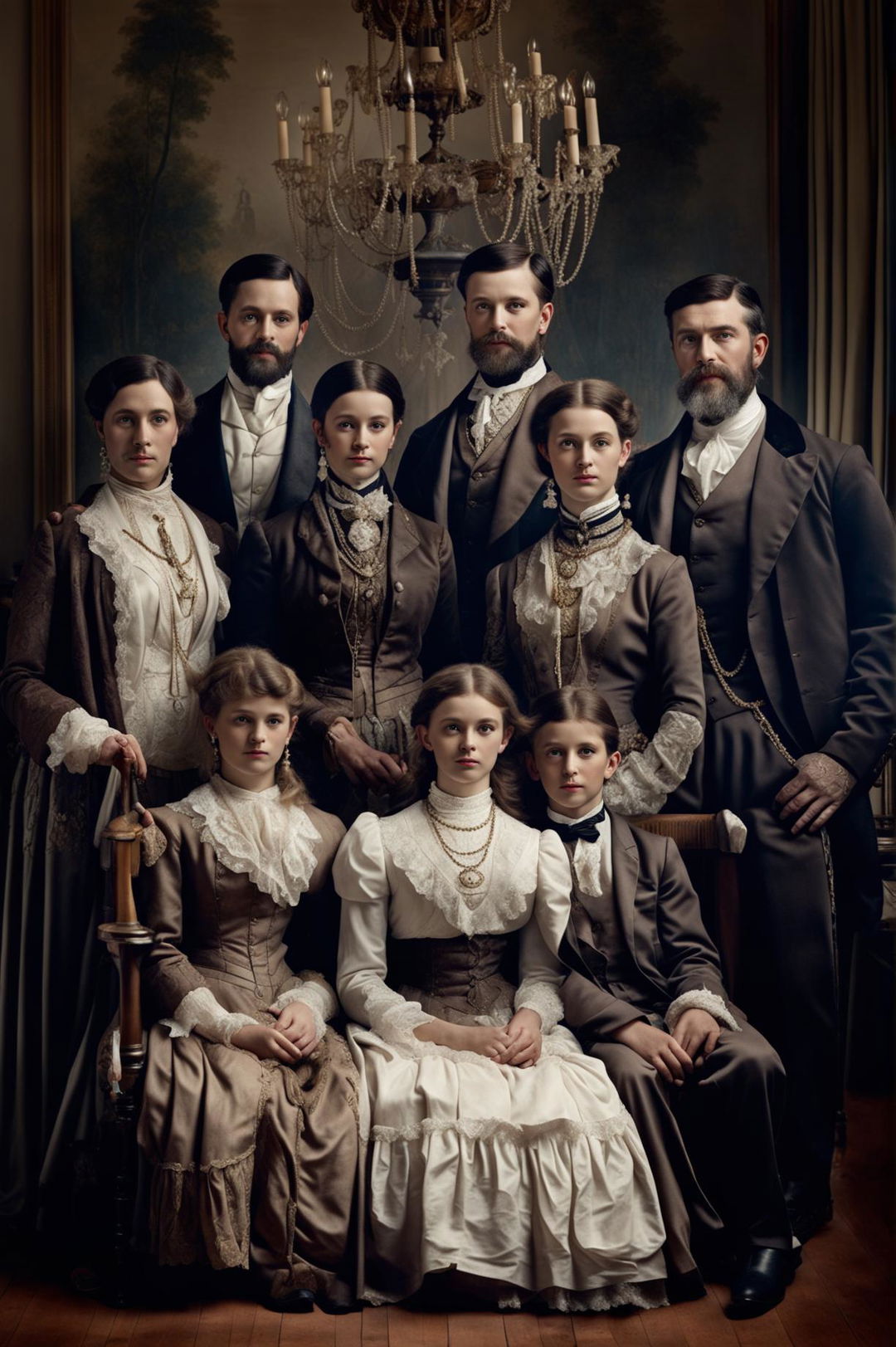 A detailed Victorian portrait of a wealthy family in opulent period clothing, set in a lavishly decorated Victorian-era room, exuding dignity and grace