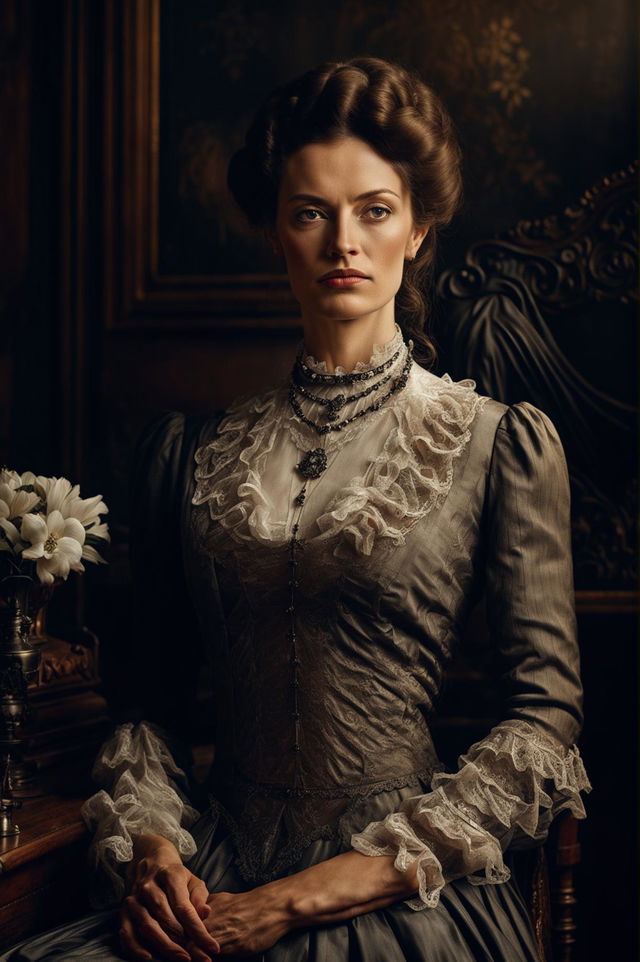 A detailed Victorian portrait of a wealthy widow in an elegant mourning dress, set in a tastefully decorated Victorian-era room, conveying elegance and resilience