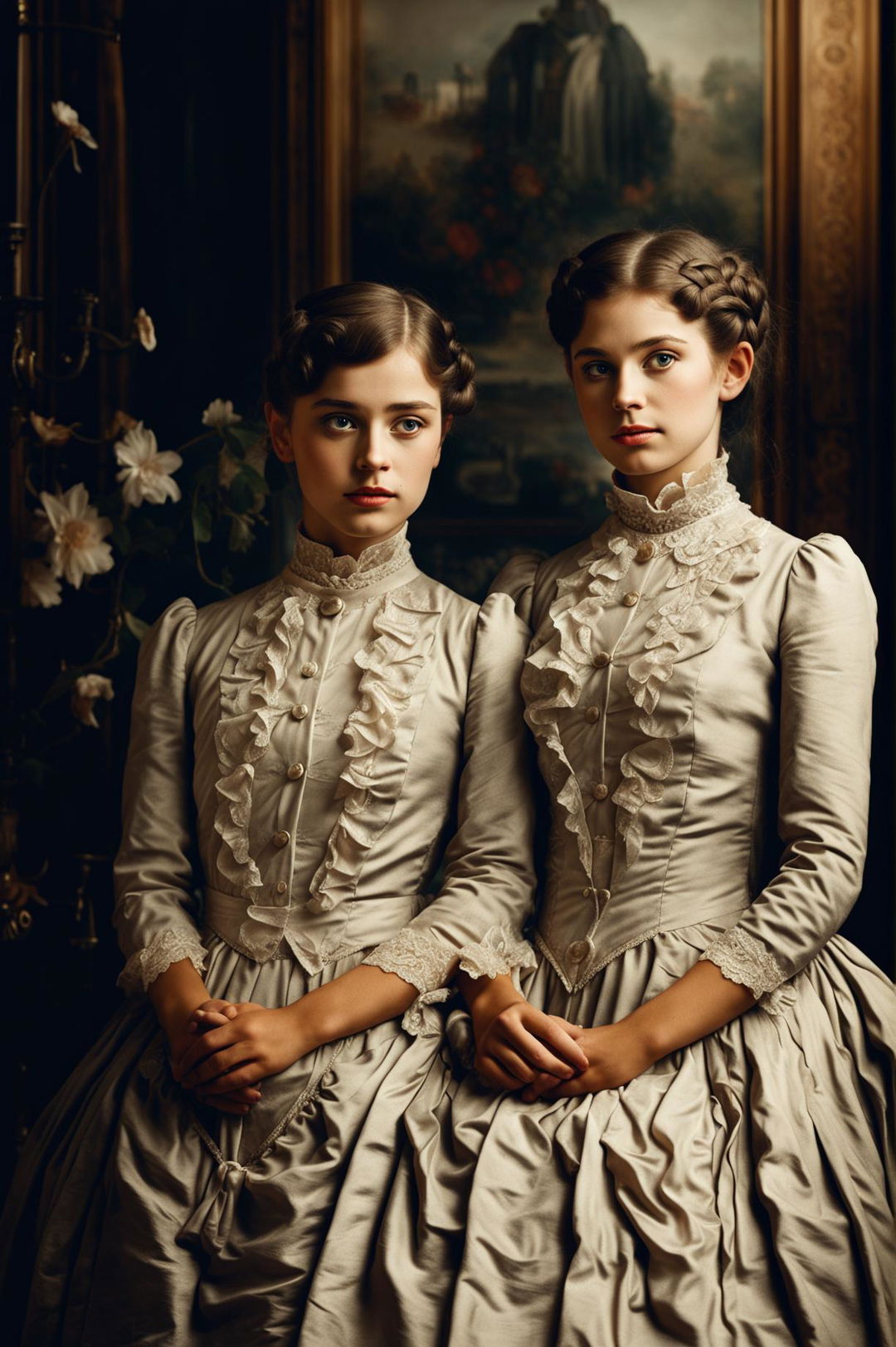 A detailed Victorian portrait of beautiful sisters in elegant period clothing, set in a tastefully decorated Victorian-era room, exuding poise and refinement