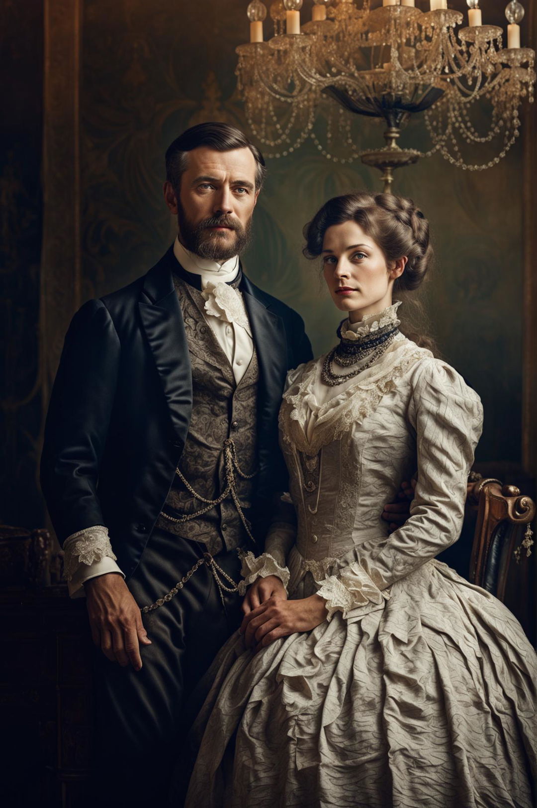 A detailed Victorian portrait of a wealthy couple in opulent period clothing, set in a lavishly decorated Victorian-era room, exuding dignity and grace