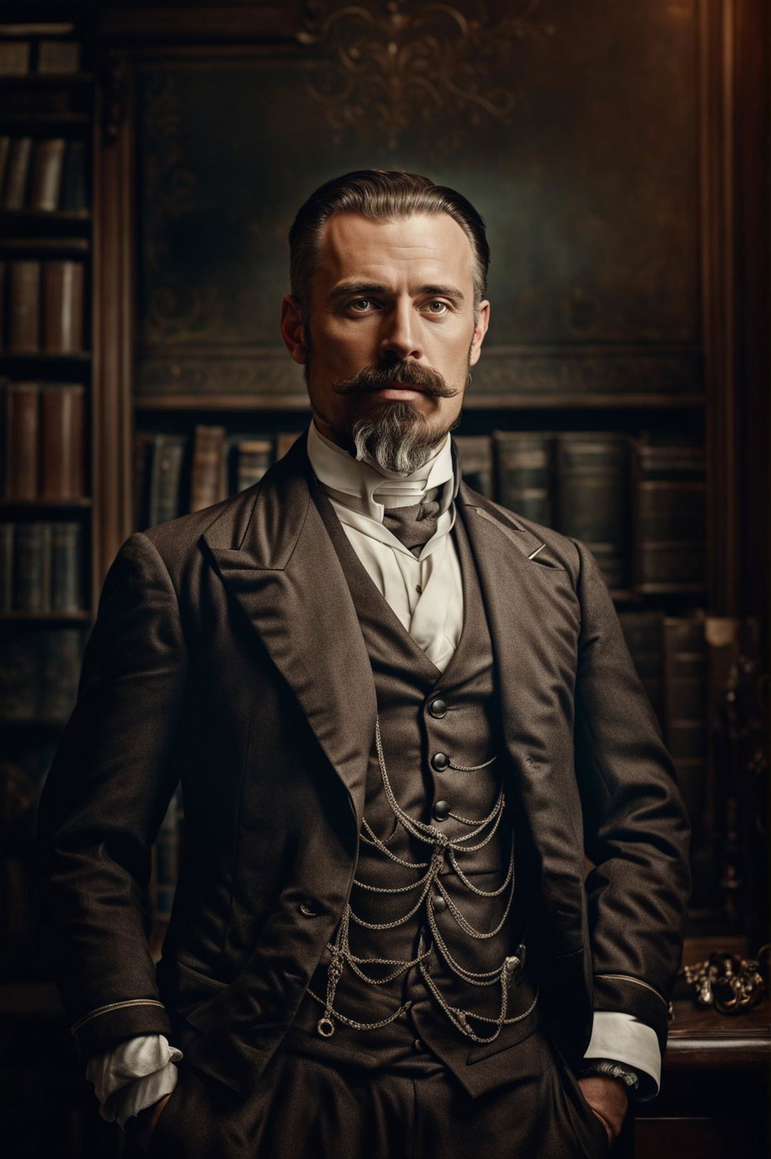 A detailed Victorian portrait of a handsome man in a tailored suit, set in a tastefully decorated Victorian-era room, exuding confidence and sophistication