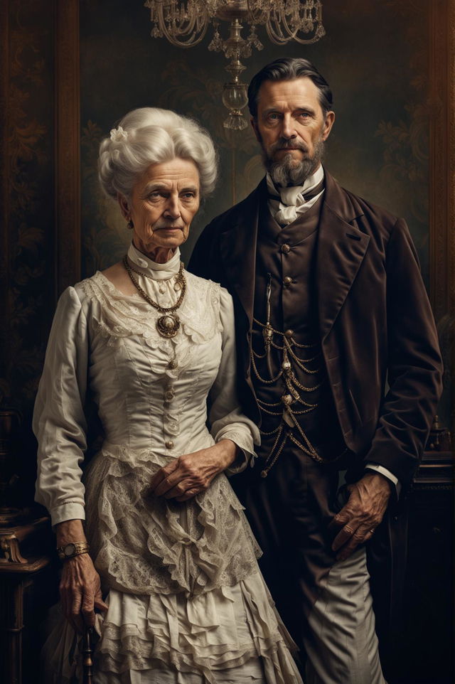 A detailed Victorian portrait of an elderly wealthy couple in opulent period clothing, set in a lavishly decorated Victorian-era room, exuding wisdom and grace