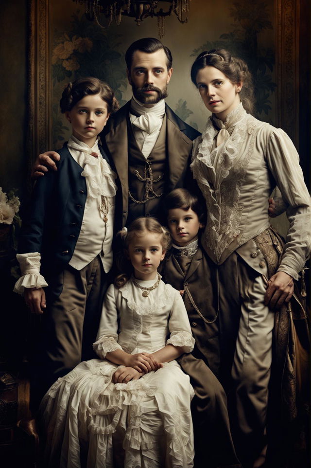 A detailed Victorian portrait of a wealthy family, including a father, mother, and two children, dressed in opulent period clothing, set in a lavishly decorated Victorian-era room, exuding elegance and familial bond