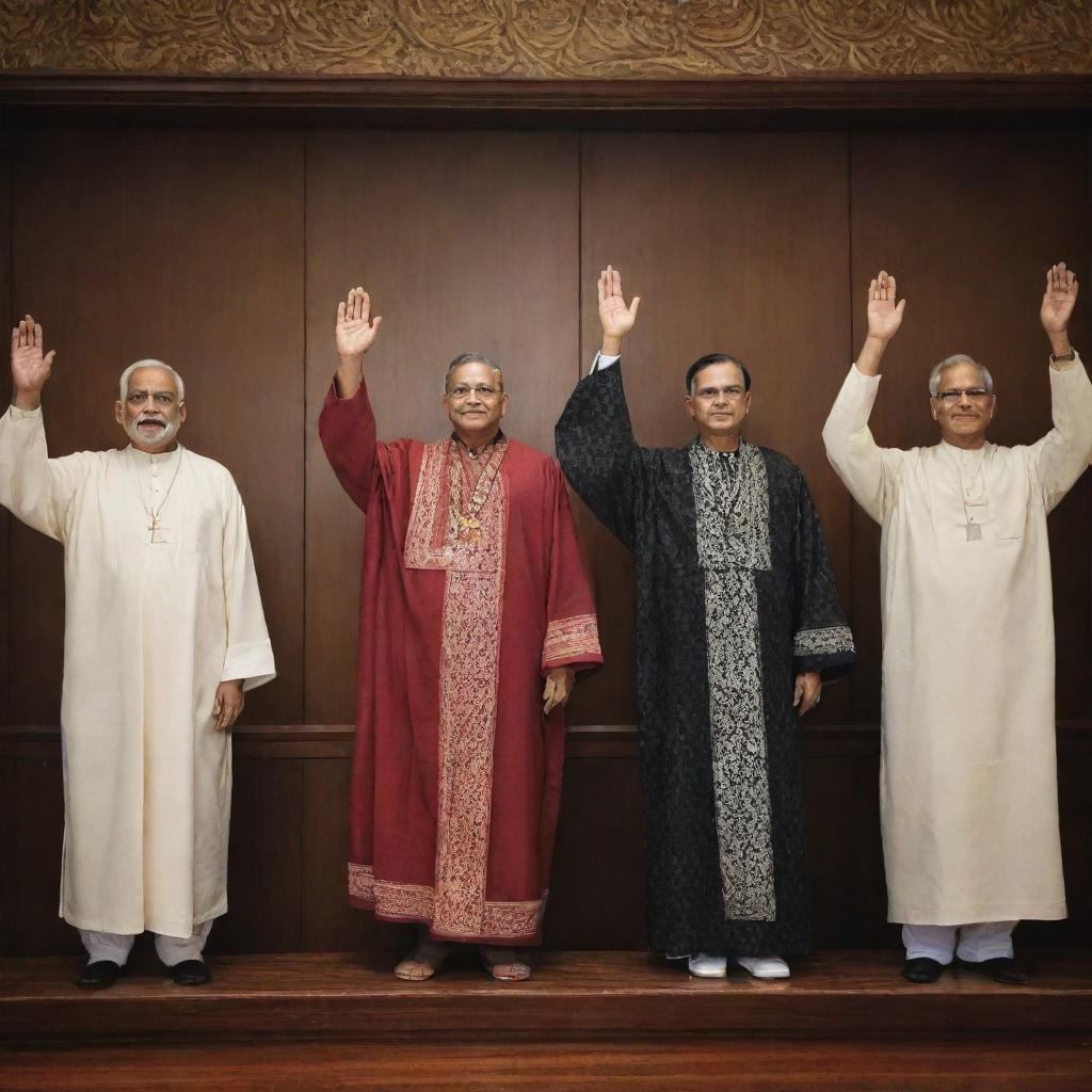 A solemn image of Indian judges taking an oath, their hands raised, draped in traditional robes, committing to the ethical code of conduct against a backdrop adorned with Indian motifs, signifying their dedication to justice.