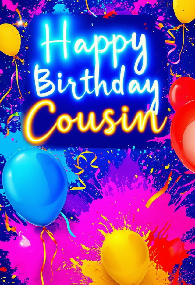 A beautiful book cover with the title 'Happy Birthday Cousin', featuring neon text and a paint splash celebration background.