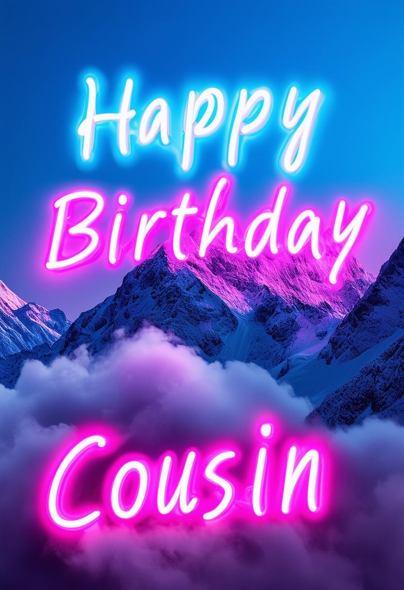 An exquisite book cover with the title 'Happy Birthday Cousin', featuring neon text and a cloudy mountain peak background.