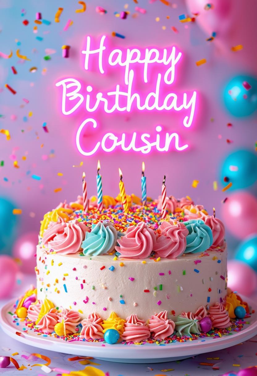 A grand and beautiful book cover with the title 'Happy Birthday Cousin', featuring neon text and a detailed birthday cake background