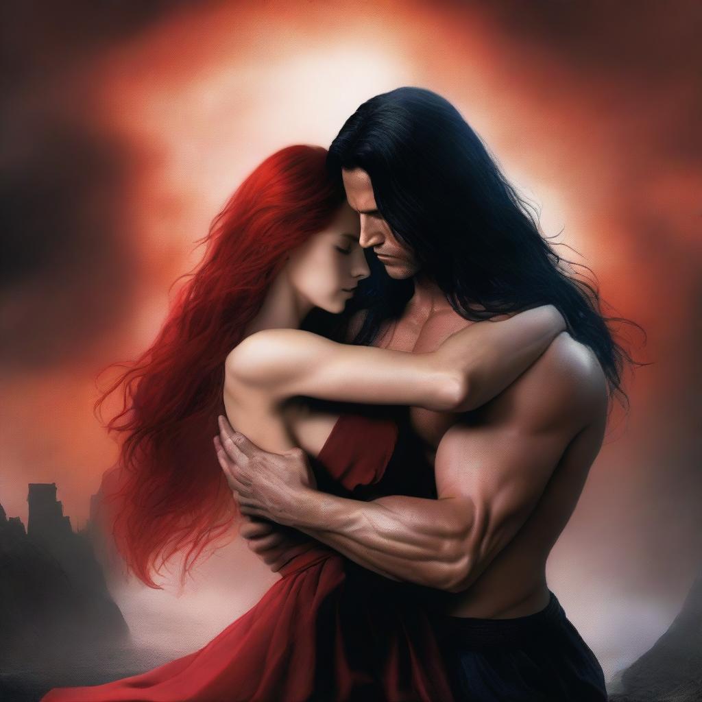 A tall, muscular male with very long black hair is holding a petite red-haired woman in his arms