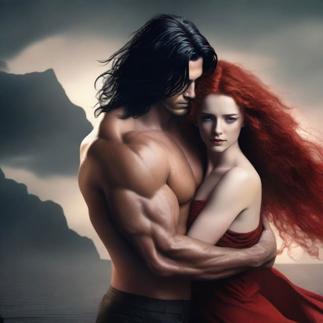 A tall, muscular male with very long black hair is holding a petite red-haired woman in his arms