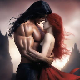 A tall, muscular male with very long black hair is holding a petite red-haired woman in his arms