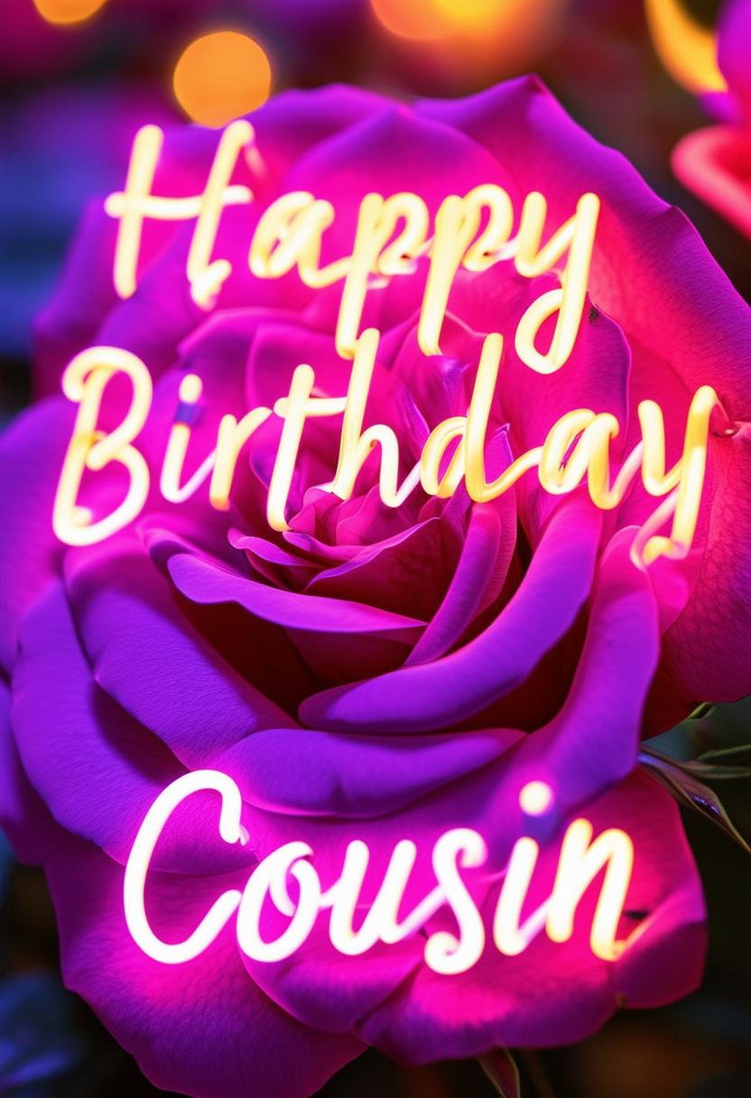 A stunning book cover with the title 'Happy Birthday Cousin', featuring neon text and a high-definition close-up of a beautiful rose in the background