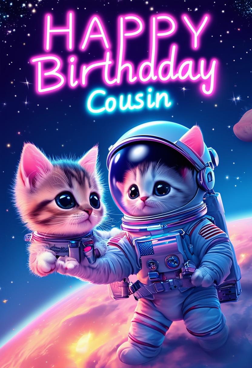 A charming book cover with the title 'Happy Birthday Cousin', featuring neon text and an adorable kitten astronaut in the background