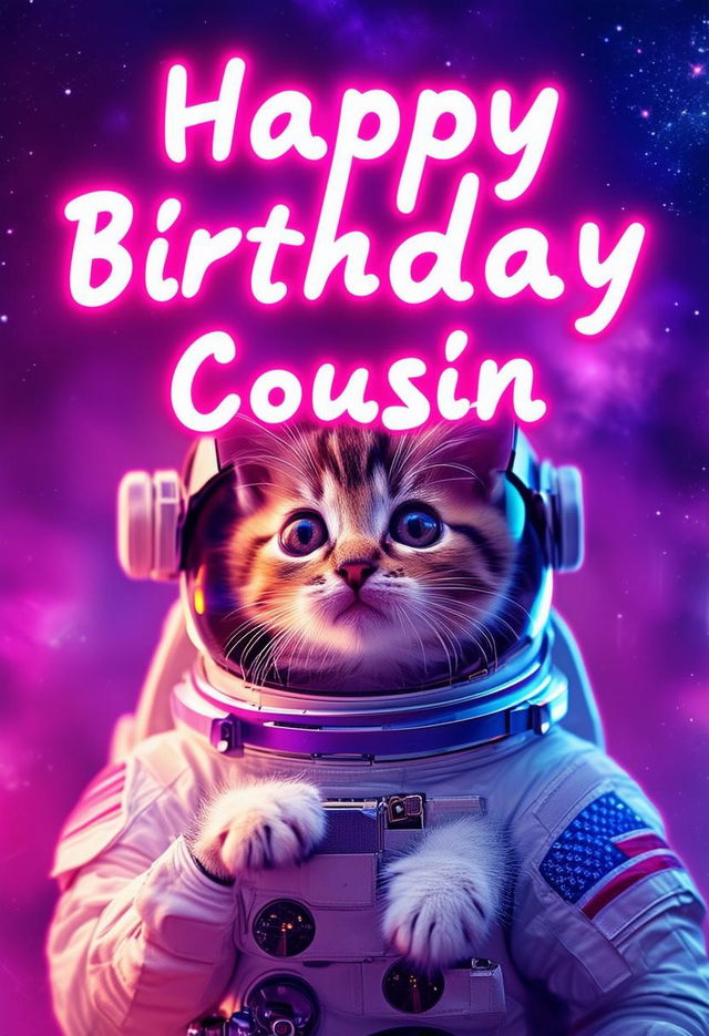 A beautiful book cover with the title 'Happy Birthday Cousin', featuring neon text and an adorable kitten astronaut in the background