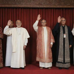 A solemn image of Indian judges taking an oath, their hands raised, draped in traditional robes, committing to the ethical code of conduct against a backdrop adorned with Indian motifs, signifying their dedication to justice.