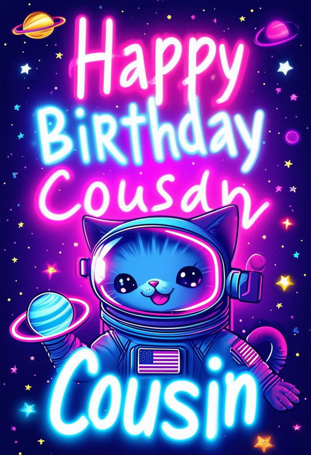 A beautiful book cover with the title 'Happy Birthday Cousin', featuring neon text and an adorable cartoon kitten astronaut in the background